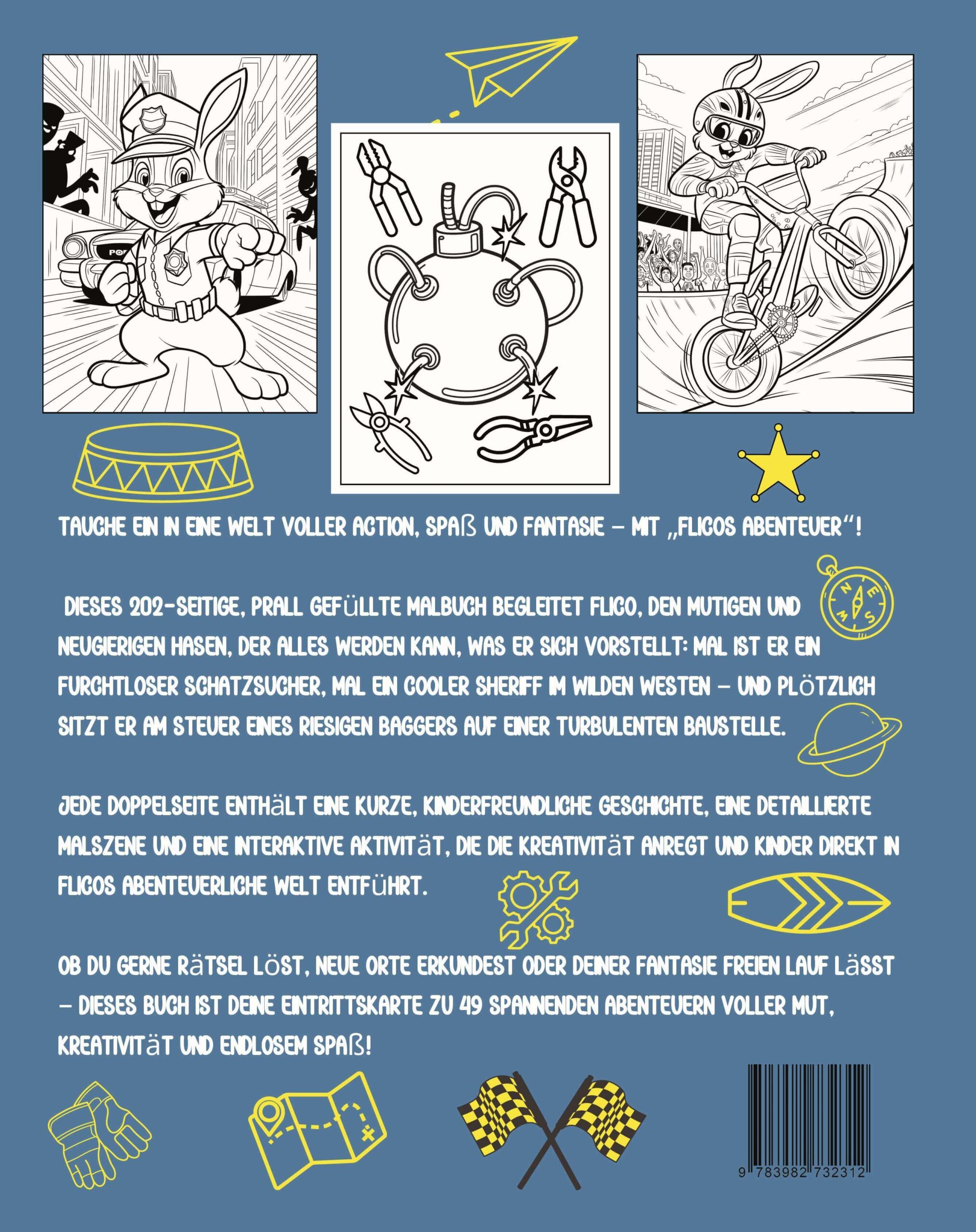 Rückseite des Kinder-Malbuchs Die Abenteuer von Flico mit Ausmalbildern und Beschreibung