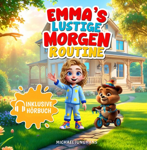 Buchcover von „Emmas lustige Morgenroutine“ mit Emma, Bruno und dem Hinweis „Inklusive Hörbuch“