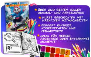 Flico Coloring Book – über 200 Seiten Malspaß mit Geschichten, Mitmachseiten und Lernspaß für Kinder
