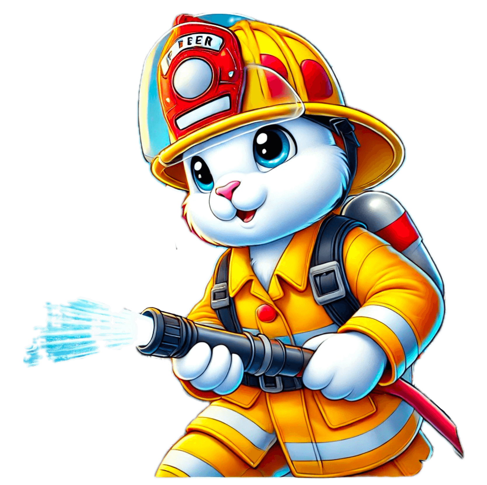 Flico der Hase als Feuerwehrmann mit Wasserschlauch