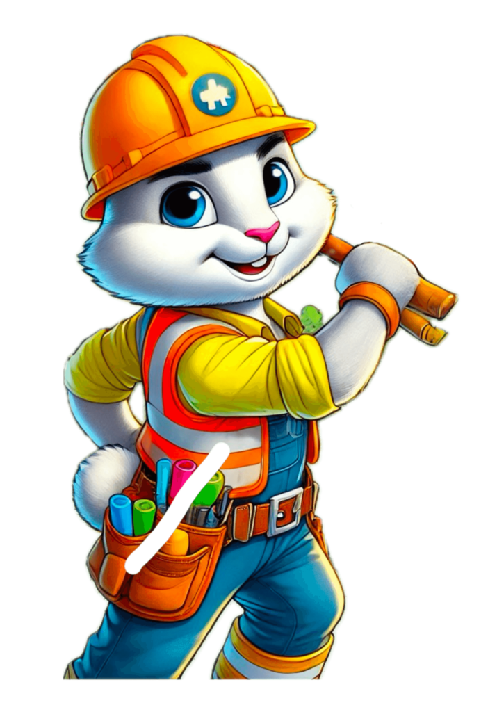 Flico der Hase als Bauarbeiter mit Bauhelm und Werkzeugtasche