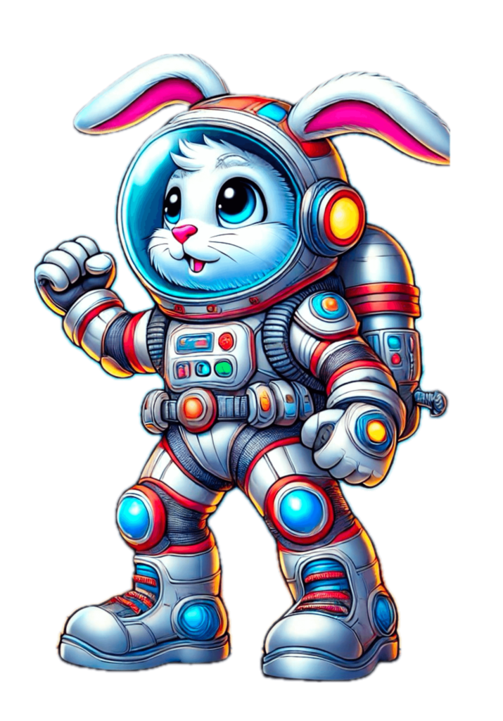 Flico der Hase im Astronautenanzug auf Weltraummission