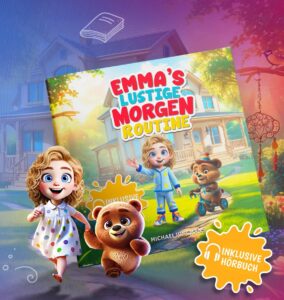 Kinderbuch „Emmas lustige Morgenroutine“ – Coveransicht mit Emma und Bruno, inkl. Hörbuch