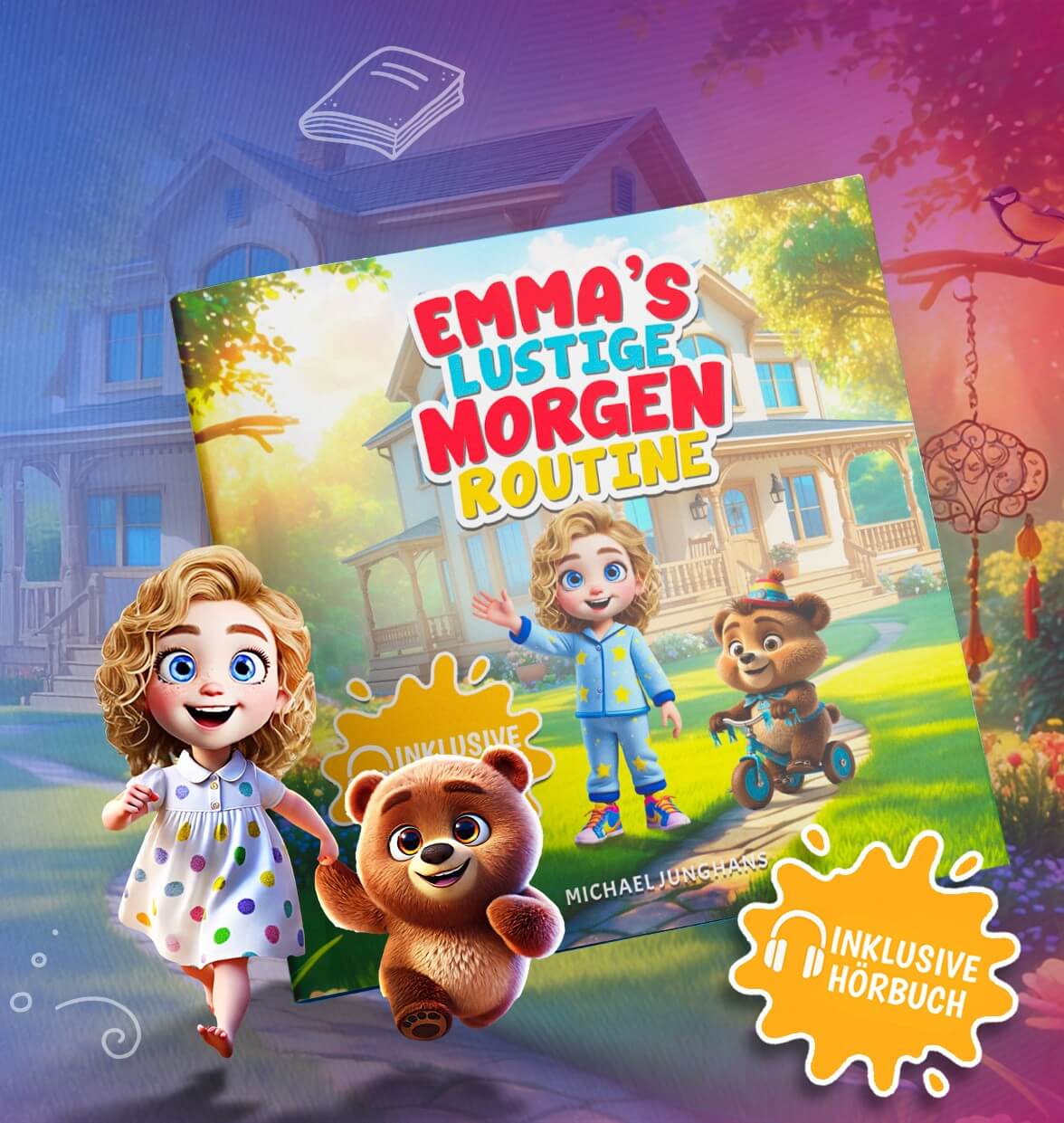 Kinderbuch „Emmas lustige Morgenroutine“ – Coveransicht mit Emma und Bruno, inkl. Hörbuch