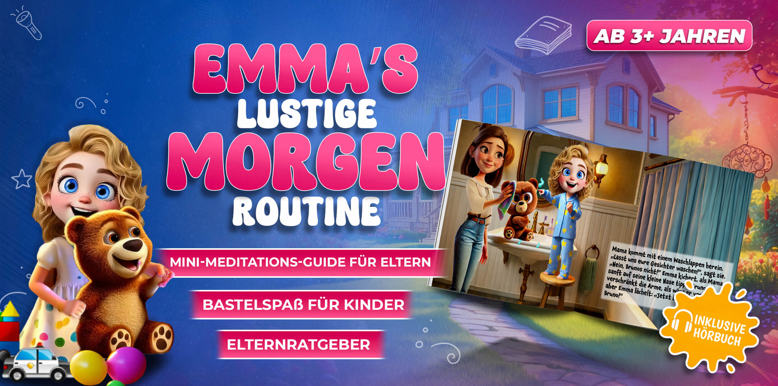 Werbebanner zum Kinderbuch „Emmas lustige Morgenroutine“ mit Vorschau auf die Waschlappen-Szene – inkl. Hörbuch und QR-Code